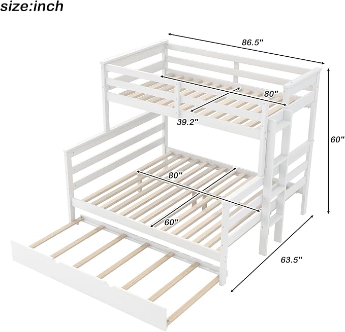 Wood Bunk Bed Twin XL Over Queen Size with Trundle, Detachable Design Bunk Bed Frame with Safety Guardrail, Ladder and Sturdy Slats Support (White+Trundle)