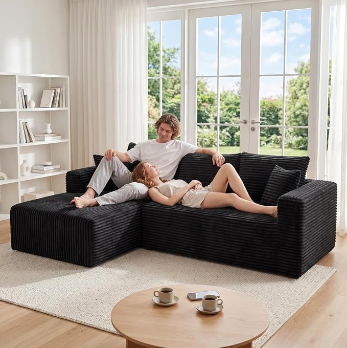 92.5" Modular Sectional Sofa, L-Shaped Cloud Couch with Deep Seats and Chaise, Upholstered Corduroy Boneless Couch for Living Room Small Space, No Need Assembly - Black(Left Facing Chaise)