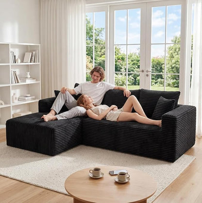 92.5" Modular Sectional Sofa, L-Shaped Cloud Couch with Deep Seats and Chaise, Upholstered Corduroy Boneless Couch for Living Room Small Space, No Need Assembly - Black(Left Facing Chaise)