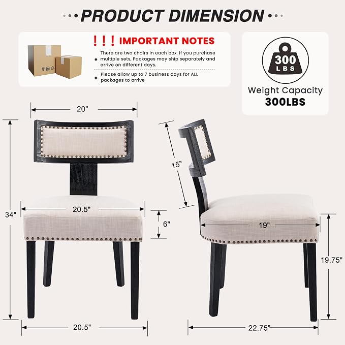 HNY Mid Century Modern Dining Chairs Set of 4, Farmhouse Linen Fabric Upholstered Accent Chairs Curved Nailhead Trim Backrest Kitchen Chairs, with Black Hardwood Frame, Beige
