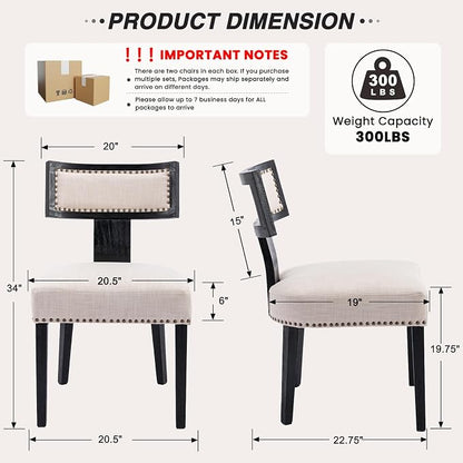 HNY Mid Century Modern Dining Chairs Set of 4, Farmhouse Linen Fabric Upholstered Accent Chairs Curved Nailhead Trim Backrest Kitchen Chairs, with Black Hardwood Frame, Beige