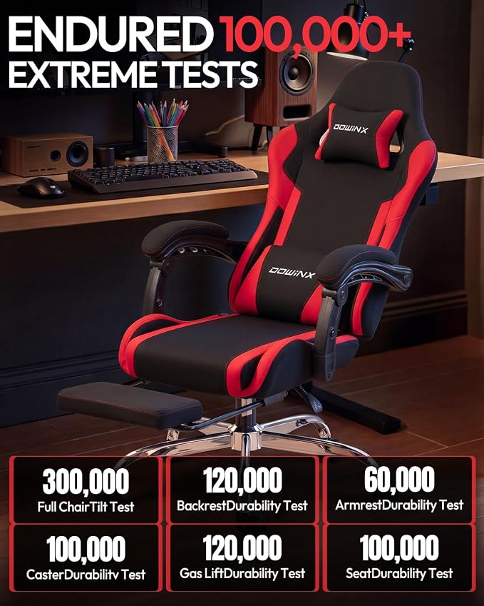 Dowinx Ergonomic Gaming Chair with Footrest & Massage Lumbar, 2D-Linkage Armrests for Computer Chair 330lbs with Headrest Pillow for Office, Home, Streaming and Long Gaming Sessions, Fabric Dark Red