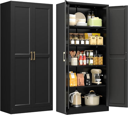 71" Metal Storage Cabinet with 4 Adjustable Shelves, Black Tall Pantry Cabinet with Doors, 180 lbs Load Per Shelf, Heavy Duty Steel Organizer for Garage, Kitchen & Home