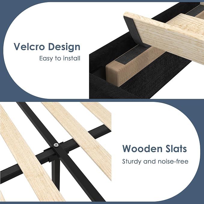 VECELO Queen Size Platform Bed Frame with Height Adjustable Upholstered Headboard, Modern Mattress Foundation,Strong Wood Slat Support, No Box Spring Needed, Easy Assembly,Black