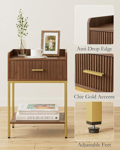Nightstand, 3-Tier Bed Side Table, Small End Table, Night Stand with Open Shelf and Drawer, Bedside Table for Bedroom, Living Room, Walnut