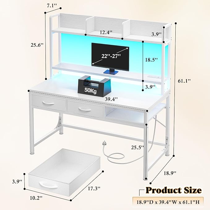 DurayLoly 39.4" Computer Desk with Monitor Stand, LED Lights & Power Outlet, Gaming Desk with Drawers, 4-Tier Storage Shelves for Home Office & Bedroom Small Space Office Desk, White