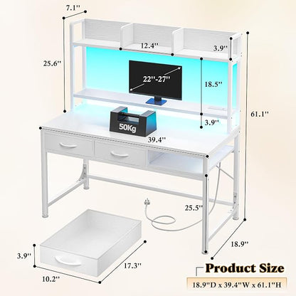 DurayLoly 39.4" Computer Desk with Monitor Stand, LED Lights & Power Outlet, Gaming Desk with Drawers, 4-Tier Storage Shelves for Home Office & Bedroom Small Space Office Desk, White