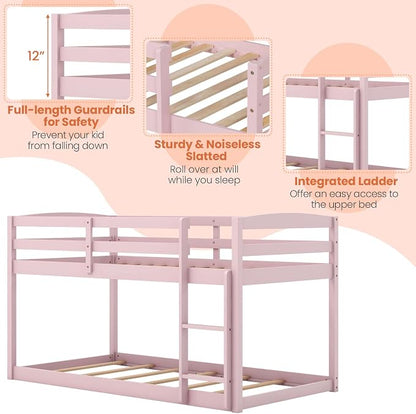 Giantex Twin Low Bunk Bed, Solid Wood Twin Over Twin Bunk Bed Frame with Full Guardrails & Integrated Ladder, Floor Twin Bunk Beds for Kids Boys and Girls, No Box Spring Needed (Pink)