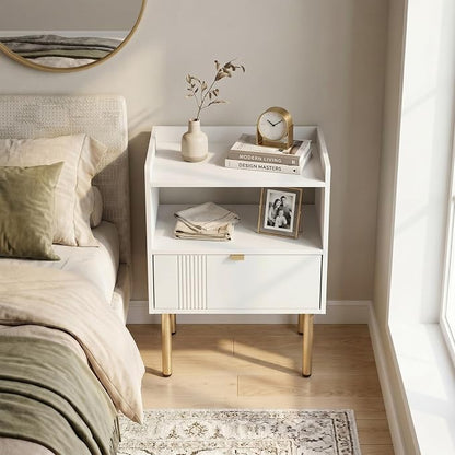 Nightstand, Mid-Century Modern Night Stand Table with Storage Drawer and Open Wood Shelf, Side End Table with Sturdy Metal Legs Small Spaces (White)