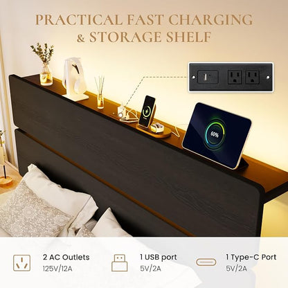 SHA CERLIN Full Size Bed Frame with Led Light & Built-in Charging Station, Wooden Headboard with Storage Shelf, Metal Platform Bed, Under Bed Storage, No Box Spring Needed, Noise Free, Black