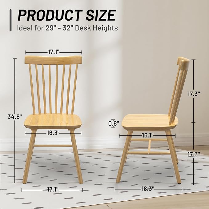 AreShark Windsor Dining Chairs, Farmhouse Wooden Dining Room Chairs, Solid Wood Kitchen Chairs with Spindle Back Set of 2, Natural Wood