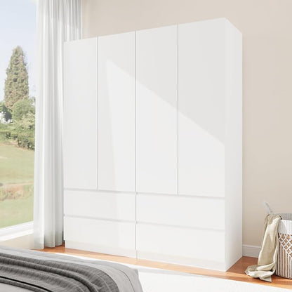 Armoire Wardrobe Closet with 4 Doors, Wooden Wardrobe Cabinet with 4 Drawers, Hanging Rod & Shelves, Freestanding Closets for Bedroom (White, 2)