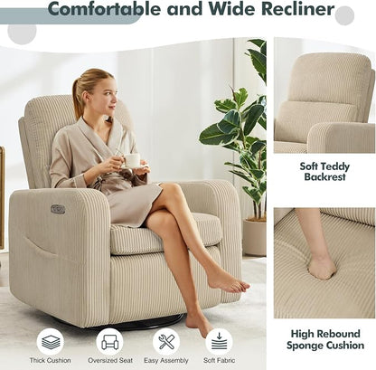 Swivel Rocker Recliner, Oversized Power Recliner Nursery Glider with Removable Cushion, Upholstered Corduroy Swivel Reclining Chairs for Nursery Living Room Bedroom, Camel