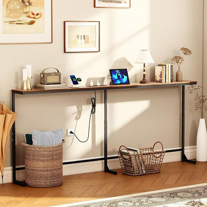 Slim Console Table with Outlet & Height Adjustable, 66'' Behind Sofa Table | Sofa Console Table with 3 AC Outlets & 2 USB Ports, Height(25.2''–31.3'') Slim Sofa Table Behind Couch for Living Room, Brown
