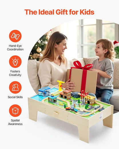 VEVOR Train Table, 62 Multicolor Pieces Wooden Kids Activity Table with Large Storage Drawer, 3-in-1 Wooden Train Set for Playing, Drawing, Reading, Eating, Creative Toy Set for Kids Ages 3+