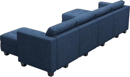 Belffin Reversible Storage Modular U-Shape Sectional Sofa Couch with Double Chaises Modular Sectional Sofa Set with Ottomans Fabric Blue