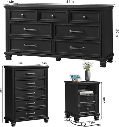 SAVOR LIFE Farmhouse Bedroom Dresser and Nightstand Set 4, 5/7 Drawer Dresser & 2 Drawer Nightstand Set, Rustic Wood Bedroom Furniture Set for Home, Hallway, Black