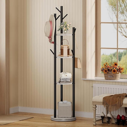 Espelism Rotary Coat Rack Freestanding Metal Coat Hall Tree Stand with 4 Tiers Storage Display Shelf and 9 Hooks for Entryway Bedroom Corner Office Garment Clothes Holder (Grey)