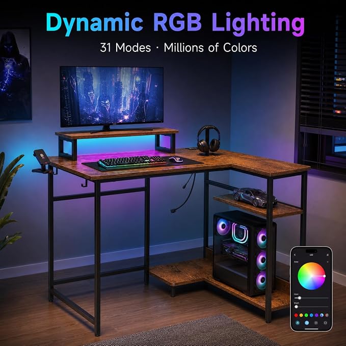 DEVAISE 47 Inch L Shaped Gaming Desk with LED Lights & Power Outlets, Corner Desk for Small Spaces, Sturdy PC Computer Table with Storage for Home Office, Rustic Brown