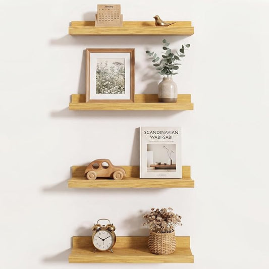 Axeman Oak Picture Ledge Shelf Set of 4 | 16'' Floating Shelves with Lip, Rustic Wood Wall Shelves with Ledge for Pictures Photos Nursery Books