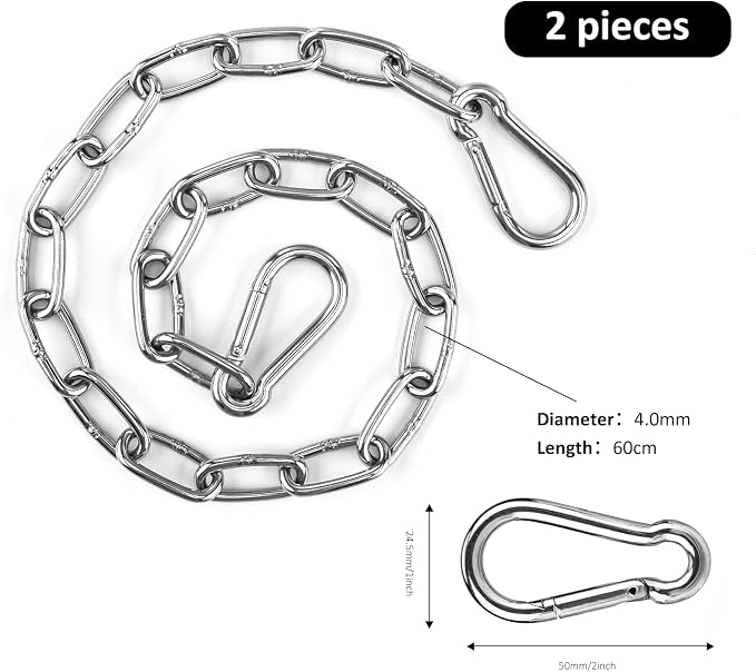 Hanging Chair Chain Set of 2 Stainless Steel Heavy Duty Hanging Kits with 4 Carabiners Hammock Chair Hardware for Indoor Outdoor Playground Hanging Chair Hammock Chair Punching Bags - 23.62"