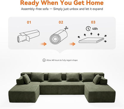 MONVANE 141" U Shaped Cloud Sectional Couch with Chaise Lounge, Modular Sectional Sofa with Removable Armrests, Comfy Corduroy Boneless Couches for Living Room, No Assembly Required, Green
