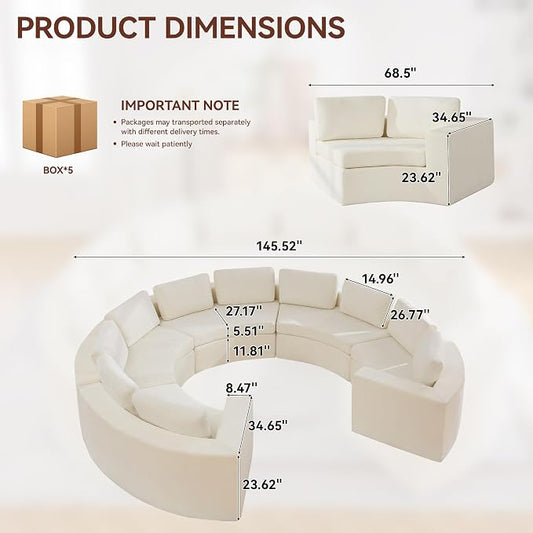 WUTUTUEE 145'' Curved Round Boneless Couch, Oversized U Shaped Sofa with Deep Seat & Arms, Chenille Modular Sectional Sofa with Pillows, Upholstered Comfy 10 Seat Couch for Living Room, White