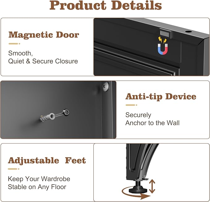 71" Black Metal Wardrobe Closet with Full-Length Mirror, 18" Deep Steel Armoire Clothes Storage Cabinet with Sturdy Hanging Rod & Adjustable Shelves for Bedroom Home Office