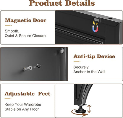 71" Black Metal Wardrobe Closet with Full-Length Mirror, 18" Deep Steel Armoire Clothes Storage Cabinet with Sturdy Hanging Rod & Adjustable Shelves for Bedroom Home Office