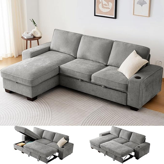 99" Convertible Sleeper Sofa Bed,L Shaped with Storage Chaise Pull Out Couch for Living Room,USB and Type-C,Removable Washable Chenille Covers (Gray)