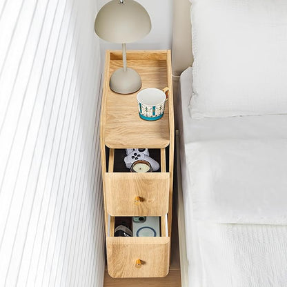 Narrow End Table Bedroom, Wooden Small 2 Drawer Nightstand, Thin Couch Side End Table, Skinny Bedside Table Small Spaces, Mid Century Modern Night Stand with Drawers (Natural-1 pc)