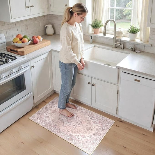 RELEANY Area Rugs Small 2'x3' Washable Non-Slip, Floral Vintage Distress Medallion Carpet for Kitchen Entryway Bathroom, Pink Greypink Cute