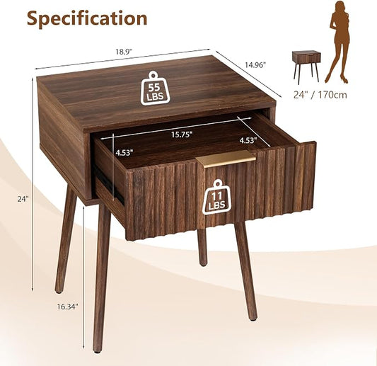 VINGLI Nightstands Set of 2, Fluted Night Stand with Drawer, Bedside Table, Wood Nightstand for Bedroom, Mid Century Modern End Tables, Walnut, 18.9" W*14.96" D*24" H