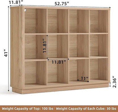 Joaxswe 12 Cube Storage Organizer, 41" Large Bookshelf with Curved Edge, Wood Floor Standing 3-Tier Cubby Bookcase with Base, Rustic Display Storage Cabinet for Living Room, Home Office, Natural Oak