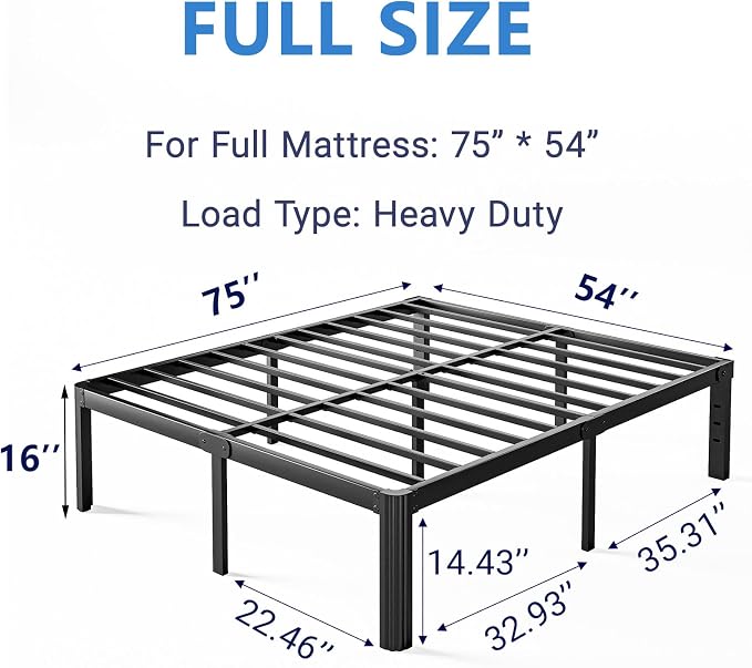 16 Inch High Heavy Duty Full Size Bed Frame Metal, Platform Bed Frame Full Size No Box Spring Needed, Noise Free, Easy Assembly, Black
