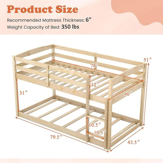 MAT EXPERT Bunk Bed Twin Over Twin, Low Wood Bunk Bed Frame w/Safety Guardrails, Ladder & Slats, Floor Platform Twin Bunk Beds for Kids Toddlers, for Dorm Bedroom, No Box Spring Needed (Natural)