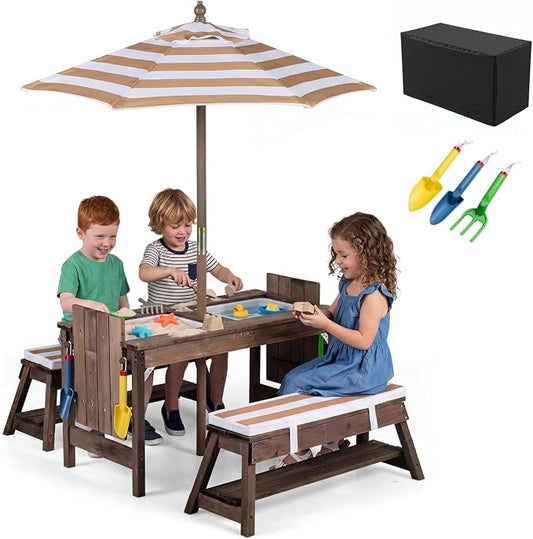 Costzon 4-in-1 Kids Picnic Table with Umbrella, Sand & Water Sensory Bins | Wooden Toddler Outdoor Table with Benches, Cushions, Cover, Gardening Tools, Kids Outdoor Furniture for Patio Backyard
