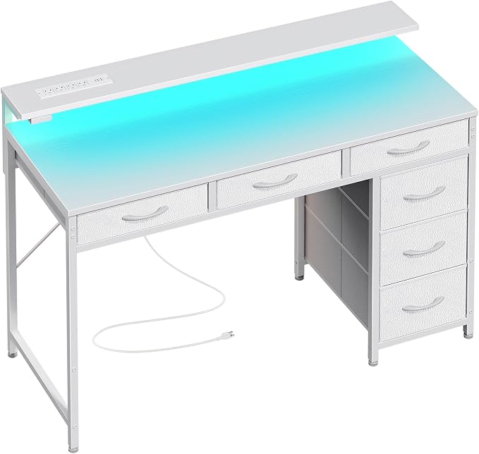 Huuger Gaming Desk with 6 Drawers, Computer Desk with LED Lights Power Outlets and Type-C, 39 Inch Office Desk with Storage, Monitor Stand, Writing Work Desk Home Office, Bedroom, White
