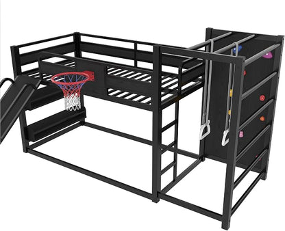Bellemave Twin Size Bunk Bed with Basketball Hoop, Pull-up Rings and Climbing Wall, Twin Bunk Bed with Slide and Bookcase, Heavy Duty Bunk Beds with Guardrail, Black