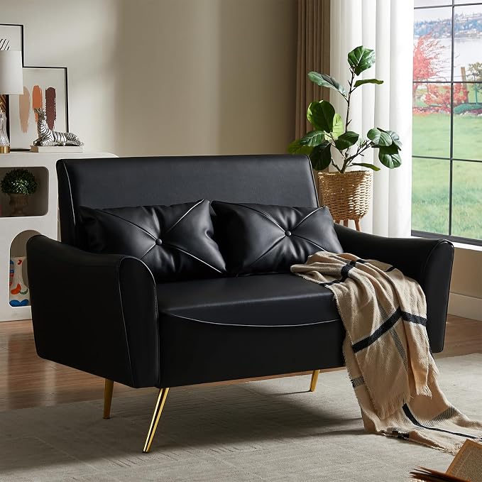Brelice 47" Faux Leather Loveseat Sofa, Modern Small Couch for Small Space with 2 Pillows, 2 Seater Couch for Living Room, Bedroom, Office, Apartment (Black)