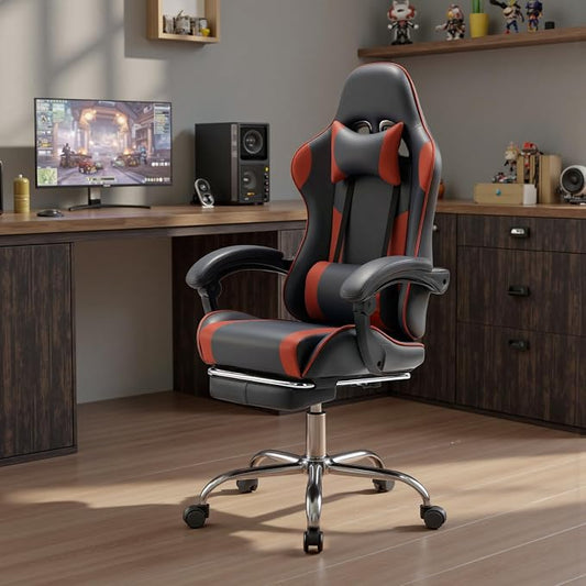 DUMOS Ergonomic Gaming Office Desk Chair with Footrest and Headrest for Adults, PU Leather Video Computer Chair with Linkage Armrests, Height Adjustable 360° Swivel Recling, Black Red