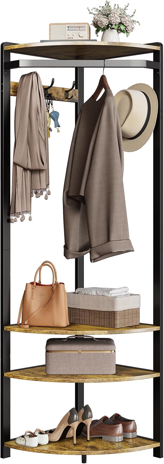 Coat Rack Freestanding with 6 Double Hooks, Shoe Bench & Storage Shelf - Freestanding Hall Tree Organizer for Entryway, Bedroom, Living Room, Space-Saving,Retro color