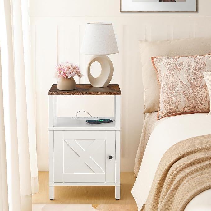 MAHANCRIS Set of 2 Farmhouse Nightstand with Charging Station, Barn Door End Table with USB Ports and Storage Cabinet, Bedside Table for Bedroom, Small Space, White and Rustic Brown ETRW96E01S2