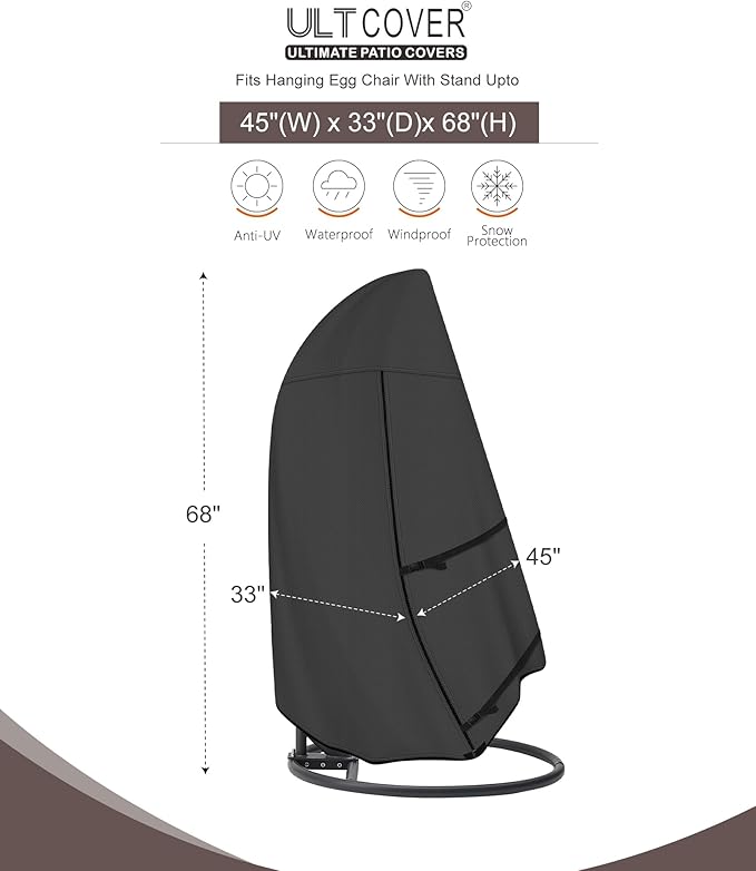 ULTCOVER Patio Hanging Egg Chair Cover - Waterproof Outdoor Single Seat Swing Egg Chair with Stand Cover 45W x 33D x 68H inches, Black