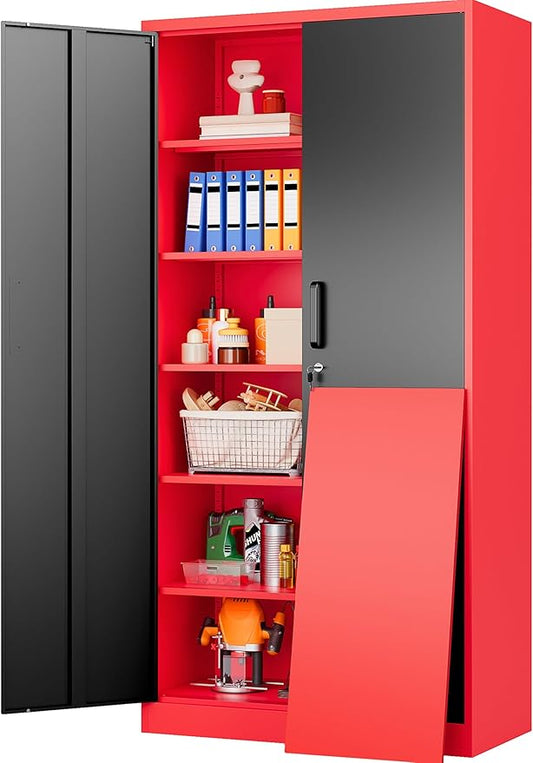 SISESOL Wide & Deep Metal Storage Cabinet with 5 Shelves,72" Tall Red Garage Storage Cabinet with Lock,Metal Cabinets with Locking Doors,Lockable Steel Cabinets for Home,Office,Shop,Garage,72x36x18