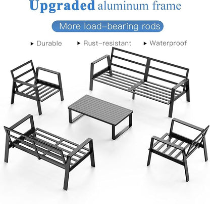 Aluminum Outdoor Patio Furniture Set, 5 Piece Sectional Coversation Sets with Coffee Table, Modern Outdoor Sofa Couch with Thick Cushions for Porch, Balcony, Garden, Lingt Gray