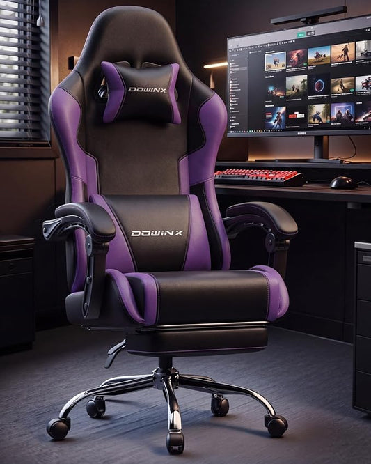 Dowinx Ergonomic Gaming Chair with Footrest & Massage Lumbar, 2D-Linkage Armrests for Computer Chair 330lbs with Headrest Pillow for Office, Home, Streaming and Long Gaming Sessions, Fabric Purple