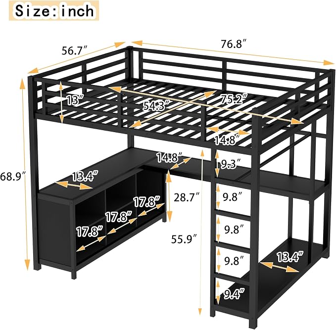 Bellemave Full Size loft Bed with L Desk, Wardrobe, Metal Full Loft Bed Frame for Adults, Kids, Teens, Black