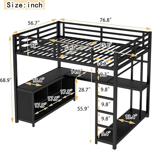 Bellemave Full Size loft Bed with L Desk, Wardrobe, Metal Full Loft Bed Frame for Adults, Kids, Teens, Black