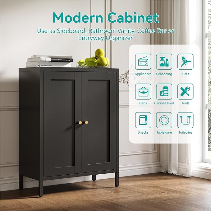 Small Metal Storage Cabinet,11.8" D x 23.6" Wx31.5 H,Bathroom Cabinet with Adjustable Shelves,Shaker Cabinet for Kitchen Living Room Entryway Dining Room, 3-Tier,Black